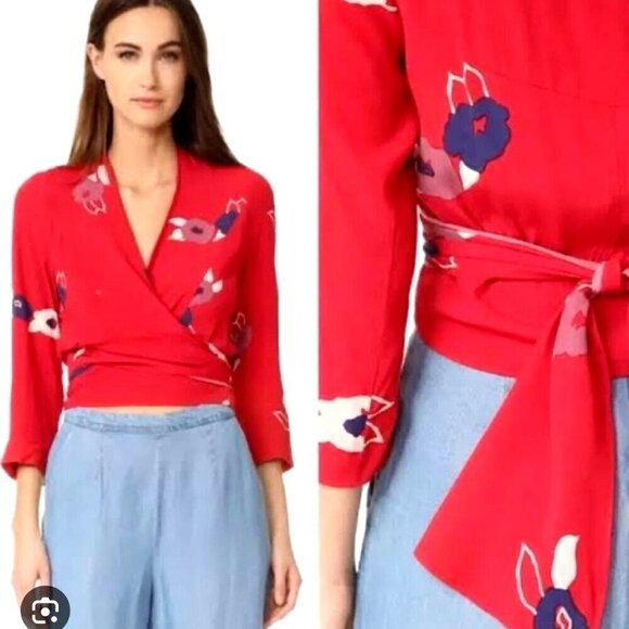 Rollas Shirt Women‎ Small Red Floral Print Delilah Wrap Blouse Boho Cottagecore - Picture 1 of 9